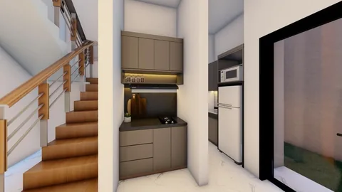Render dapur yang berdampingan langsung dengan tangga menuju lantai atas