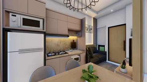 Render dapur yang menyatu dengan ruang makan tanpa sekat pemisah