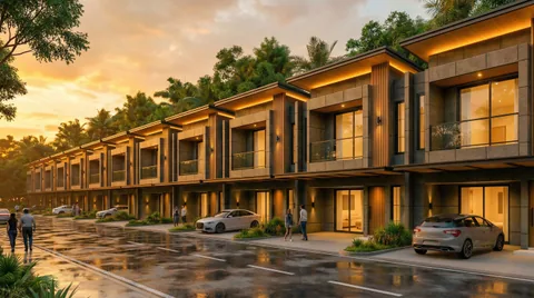 Render deretan rumah dalam cahaya keemasan menjelang matahari terbenam