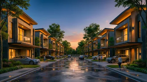 Render deretan rumah saat petang dengan lampu teras yang sudah menyala di beberapa unit