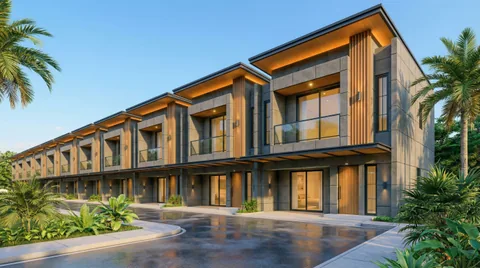 Render deretan rumah dari sudut miring, memperlihatkan kedalaman kavling dan jarak antar-muka bangunan