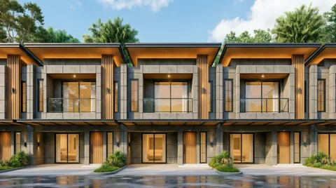 Render muka rumah dua lantai dilihat lurus dari depan, dengan balkon di atas tempat parkir