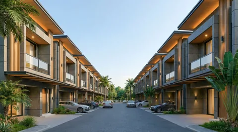Render jalan bertanaman palem yang menuju blok hunian di bagian dalam kawasan