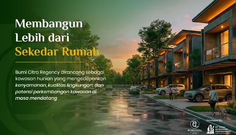 Jalan lingkungan yang masih basah seusai hujan, diapit deretan rumah dua lantai di kedua sisinya