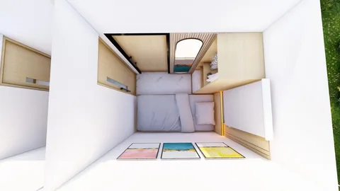 Render kamar anak dengan ranjang, meja belajar, dan rak buku