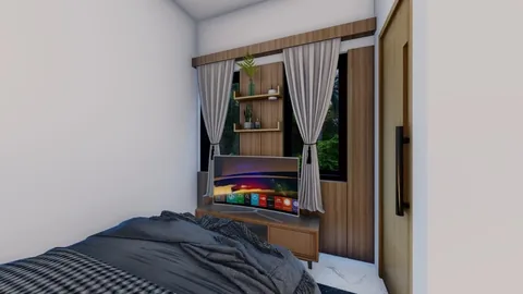 Render kamar tidur dengan jendela lebar bertirai tipis yang meneruskan cahaya