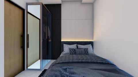 Render kamar tidur dengan lemari berpintu geser di sisi dinding