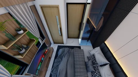 Render kamar tidur dilihat dari ambang pintu masuknya