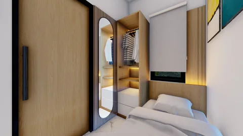 Render kamar tidur kedua yang berukuran lebih kecil daripada kamar utama