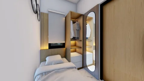 Render kamar tidur dengan lemari berpintu cermin yang memantulkan ruangan