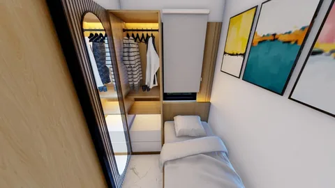 Render kamar tidur dengan lemari pakaian tanpa pintu yang memperlihatkan isinya