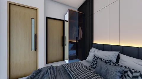 Render kamar tidur dengan ranjang dan lemari pakaian berhadapan