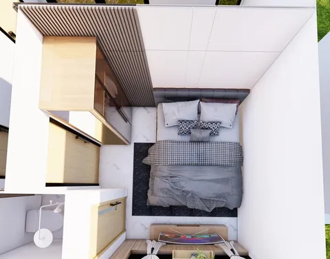 Render kamar utama beserta susunan ranjang, lemari, dan jalur bukaan pintunya