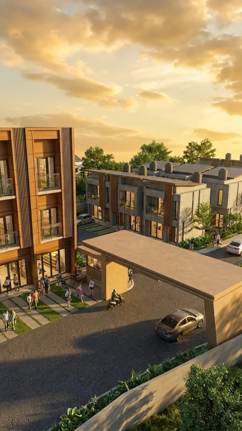 Render kawasan dari udara dengan taman dan ruang terbuka di antara blok hunian