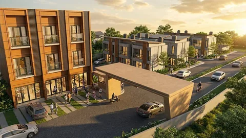 Render kawasan dilihat dari ketinggian rendah, memperlihatkan barisan tempat parkir di depan tiap rumah