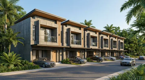 Render kawasan dari titik pandang yang sedikit lebih tinggi daripada jalan, memperlihatkan atap dan halaman