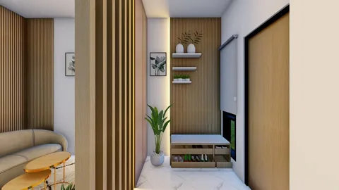 Render koridor dalam rumah dengan rak tanaman di sepanjang dindingnya