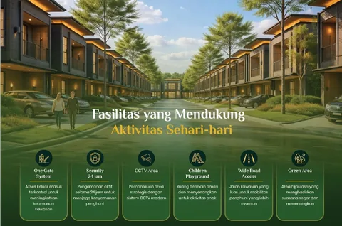 Lembar fasilitas kawasan: gerbang tunggal, penjagaan sepanjang hari, kamera pengawas, taman bermain, jalan lebar, dan ruang terbuka hijau
