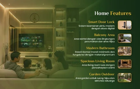 Lembar fitur bawaan unit: kunci pintu digital, balkon, kamar mandi bermaterial premium, ruang keluarga berpencahayaan alami, dan taman belakang