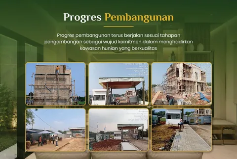 Lembar rangkuman berisi enam foto tahap pembangunan: struktur unit, pos jaga, dan pemasangan paving jalan