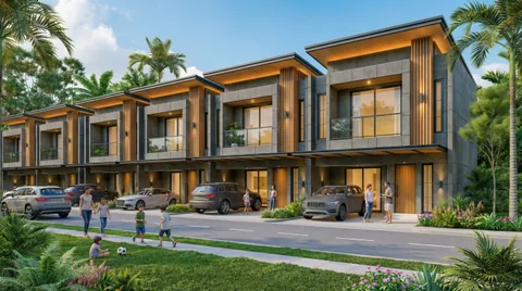 Render lingkungan kawasan pada siang hari dengan langit cerah dan bayangan pendek