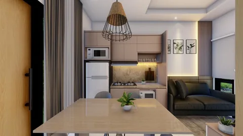 Render meja makan dengan lampu gantung tepat di atasnya