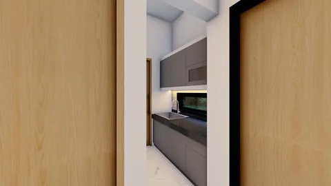 Render pantri dengan kabinet gantung di atas meja kerja dapur