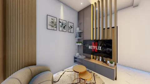 Render ruang keluarga dengan sekat bilah kayu vertikal sebagai pemisah ruang