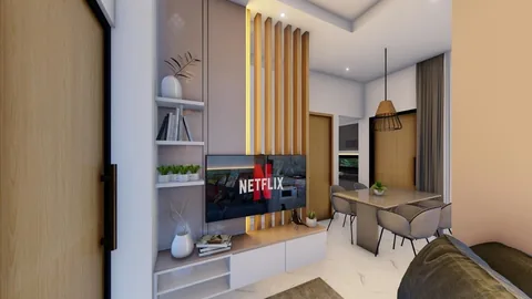 Render ruang keluarga dengan dinding televisi dan rak terbuka di sisinya