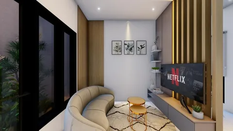 Render ruang keluarga berisi sofa panjang menghadap televisi yang menempel di dinding