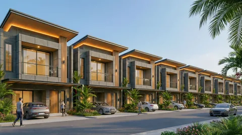 Render rumah dua lantai berlatar langit cerah berawan tipis