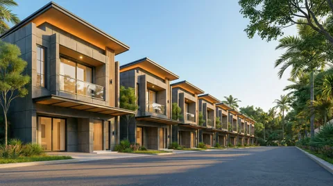 Render rumah dilihat dari sudut rendah setinggi permukaan jalan, memperlihatkan ketinggian dua lantainya