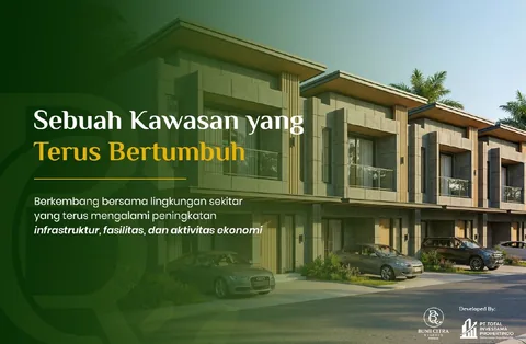 Tampak depan satu unit dilihat dari halaman, memperlihatkan tempat parkir dua mobil dan balkon di lantai atas