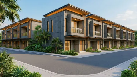Render tikungan jalan lingkungan tempat dua baris rumah bertemu
